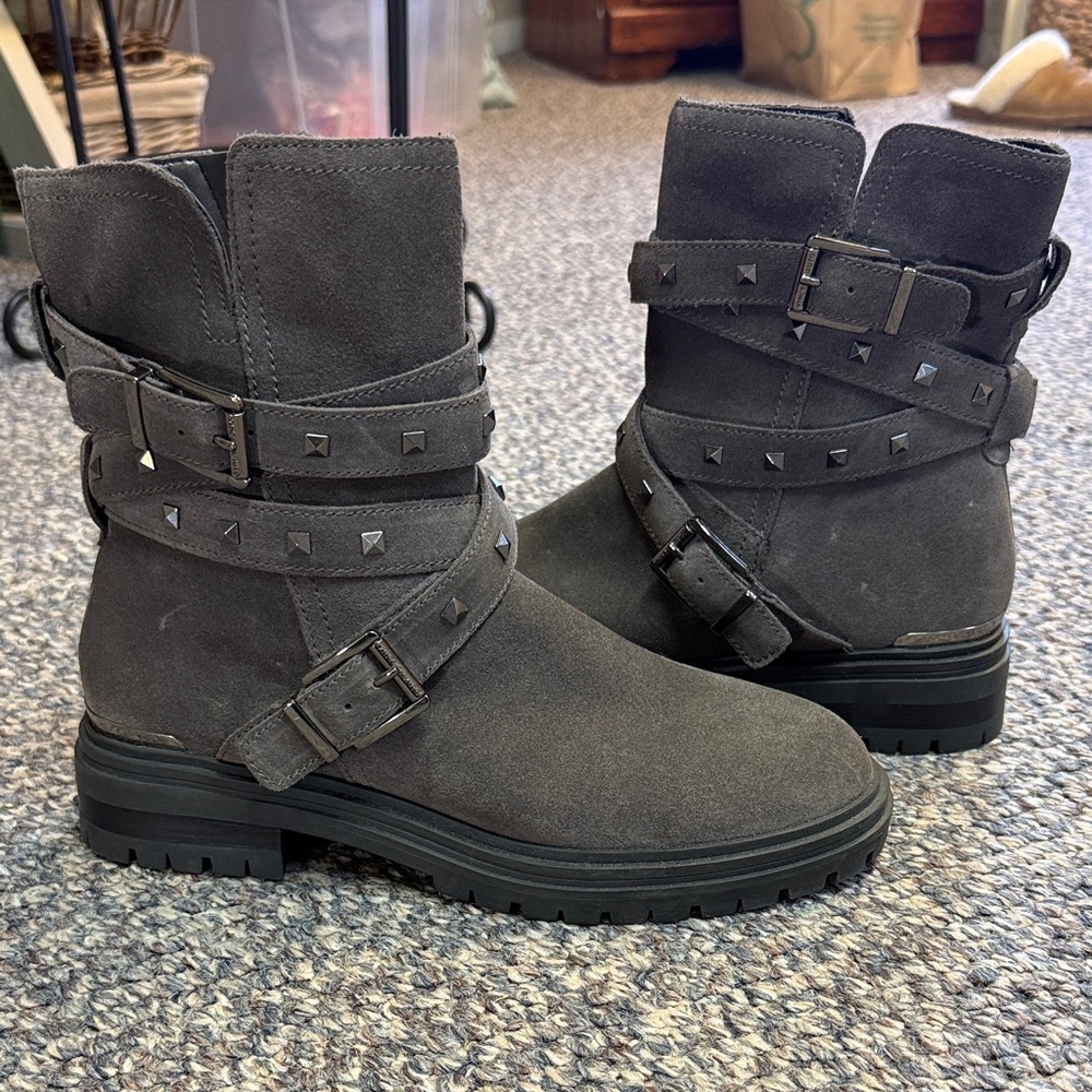 Vince Camuto Gray Suede Combat Boots with Studded Straps